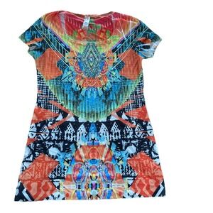 S-TWELVE Shirt Womens M Multicolor Abstract Top Shirt Sleeve Beaded C2-2